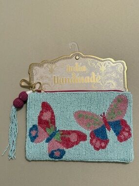 New Release India Handmade Beaded Pouch Pink and Blue Butterflies